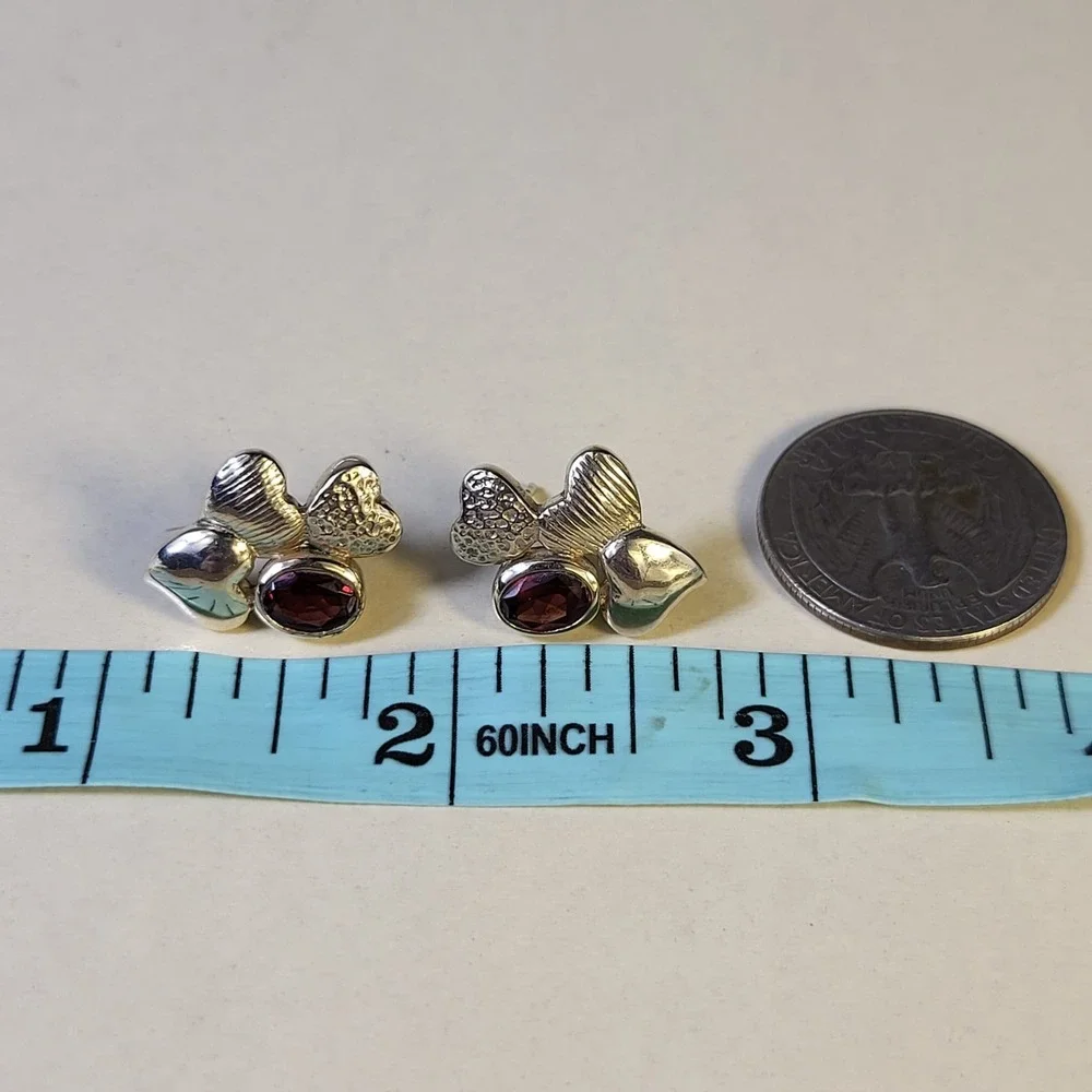 Vintage JTV Sterling Silver Garnet Heart Stud Earrings Small Red Multi Texture